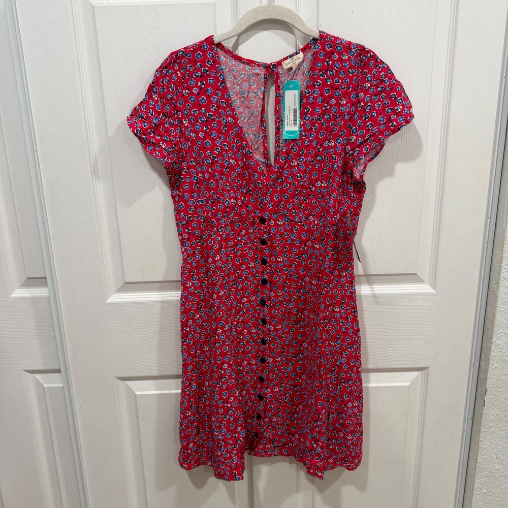 Mason & Belle Lyla Button Detail Dress Red Floral V-Neck Mini Rayon M